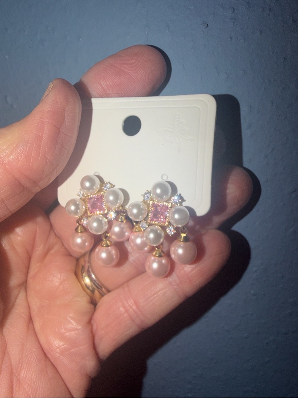 Gold-Tone Pink Pearl Cluster Drop Earrings with Pink Zircon Stone NWT